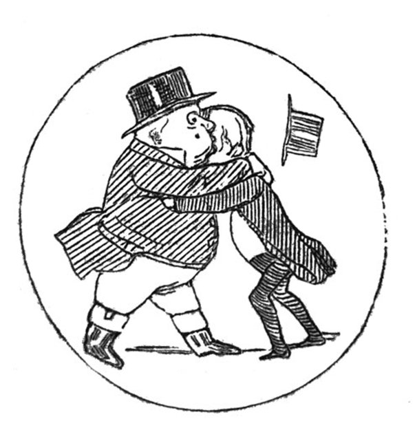 英国讽刺漫画卡通漫画-非常大的人拥抱一个较小的人图片下载