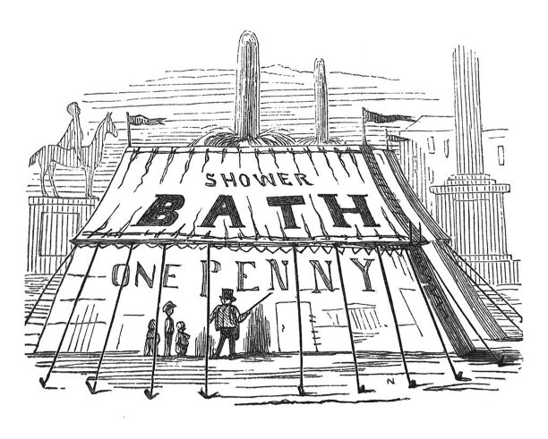 英国讽刺漫画，卡通漫画，马戏团帐篷，上面有一个标志，说淋浴一便士图片下载
