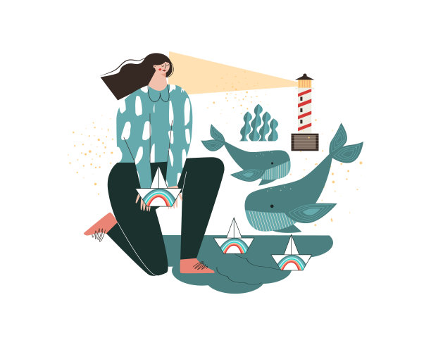 小女孩把带彩虹的纸船扔进海洋灯塔鲸鱼图片下载