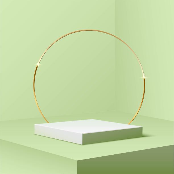 白色方形裙台与金色的戒指站在绿色柔和的背景。3d基座产品矢量插图。金色的舞台，圆圈在闪闪发光。抽象的现实的装饰图片下载