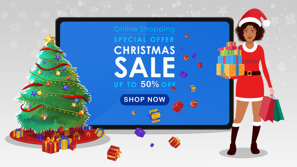 非裔美国圣诞老人女孩与购物和显示网上圣诞销售图片下载