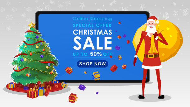 圣诞老人与礼物袋和显示网上圣诞销售图片下载
