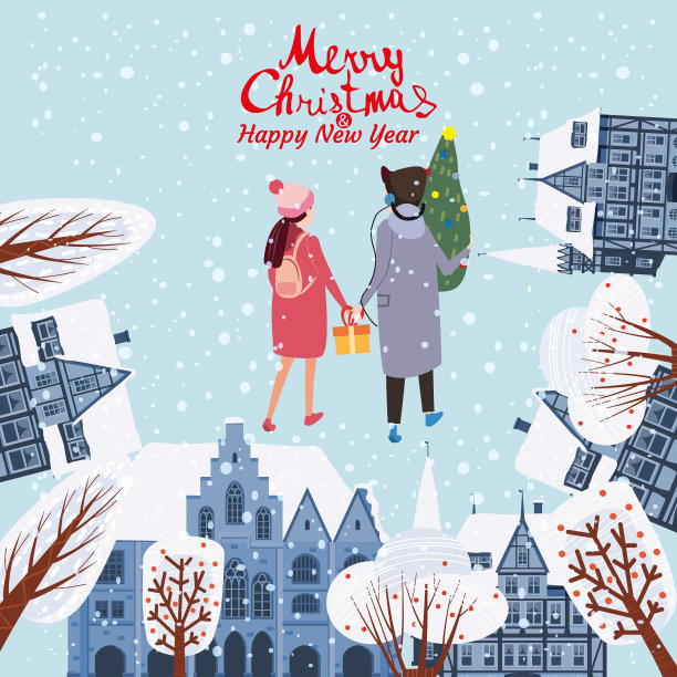圣诞贺卡古老的城市欧洲建筑，夫妇相爱的圣诞树。字体矢量海报横幅插图图片下载