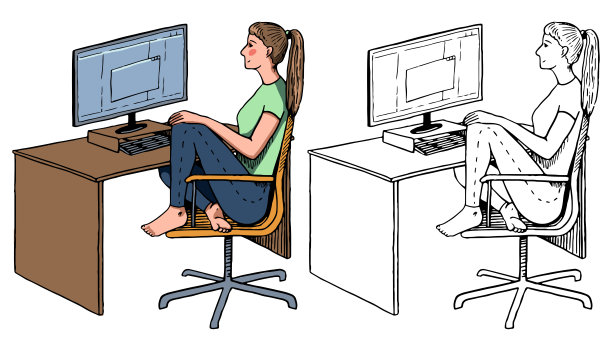 妇女在家用电脑工作。手绘矢量插图。远程工作者，自由职业者，家庭办公室，学生概念。涂鸦，简单风格的图片。颜色和轮廓绘图集孤立在白色。图片下载