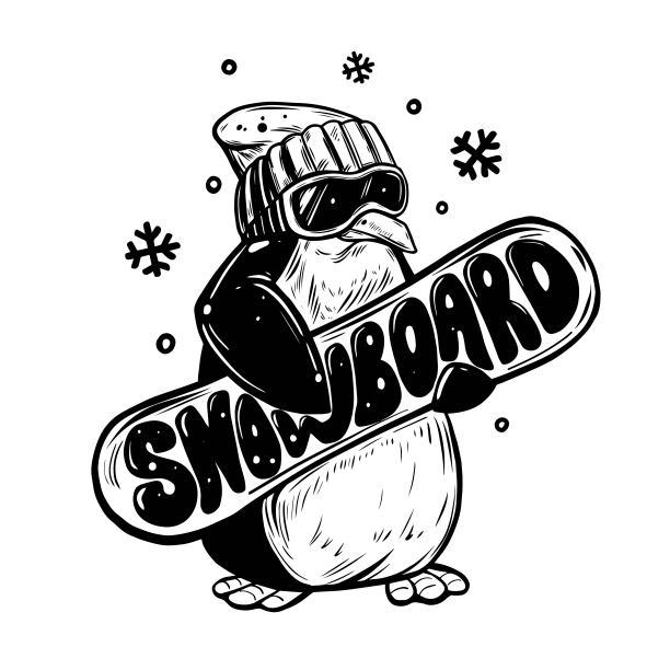 企鹅在滑雪板上。滑雪。矢量图图片下载