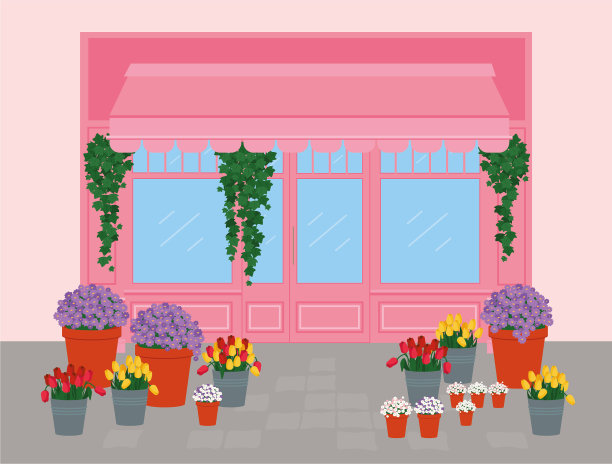 花店，粉红色立面，大窗户。盆栽和鲜切花。装饰桶里的郁金香，常春藤，菊花。图片下载