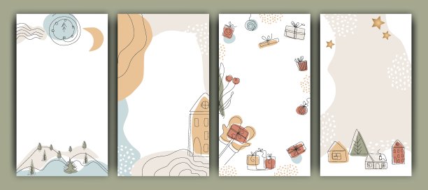 一套圣诞Instagram故事模板，新年和冬天，现代极简主义艺术，趋势。时尚插图矢量，一条线和颜色形状艺术，文字空间图片下载