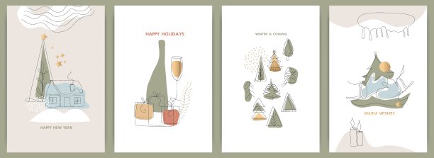 新年贺卡，圣诞和冬季，现代极简主义艺术，趋势。时尚插画矢量，一线一色造型艺术图片下载