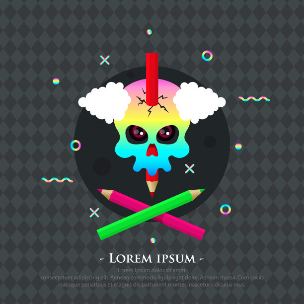 头上插着铅笔的骷髅。来自不同对象的抽象人物小丑。迷幻画图片下载