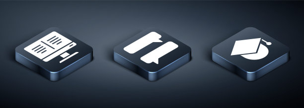 设置等距在线书在监视器上，毕业帽在全球和语音气泡聊天图标。向量图片下载