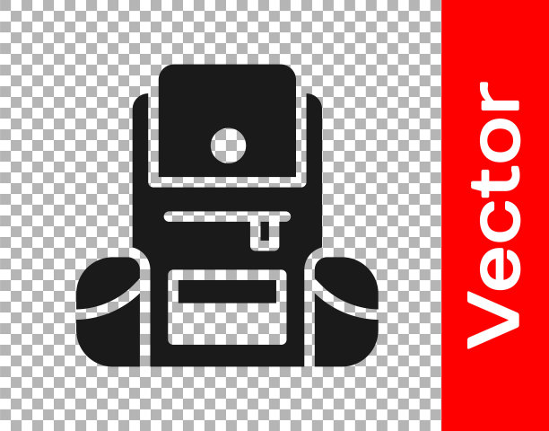 黑色徒步背包图标孤立在透明的背景。野营和登山背包。向量图片下载