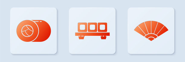 将寿司放在切板上，寿司和中国或日本的折扇上。白色正方形按钮。向量图片下载