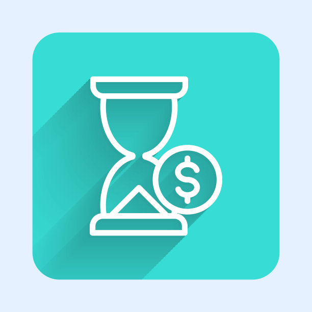 白线沙漏与美元图标孤立与长影子。钱的时间。沙漏和金钱。增长，收入，储蓄，投资。绿色广场按钮。向量图片下载