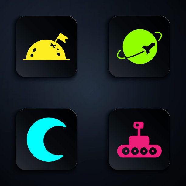 设置火星漫游者，行星与旗帜，月亮和星星和行星。黑色方形按钮。向量图片下载