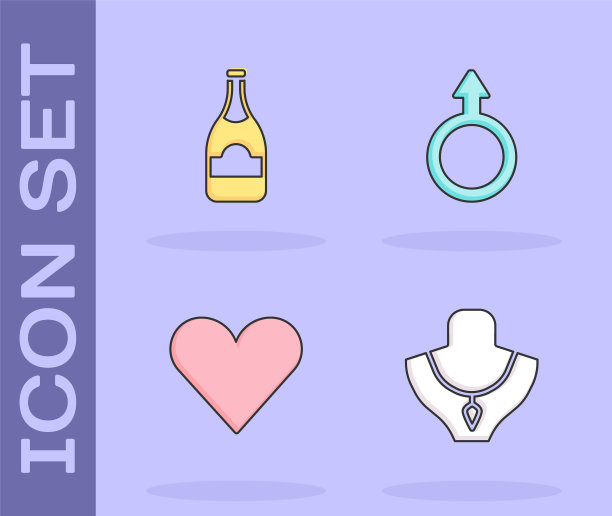 设定项链上的人体模型，香槟瓶，心脏和男性性别符号图标。向量图片下载