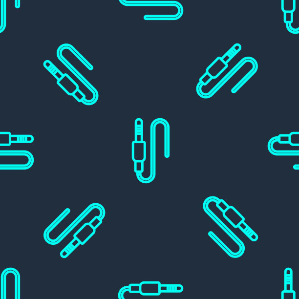 绿色线音频插孔图标隔离无缝模式在蓝色背景。用于连接音响设备的音频电缆。插线。乐器。向量图片下载