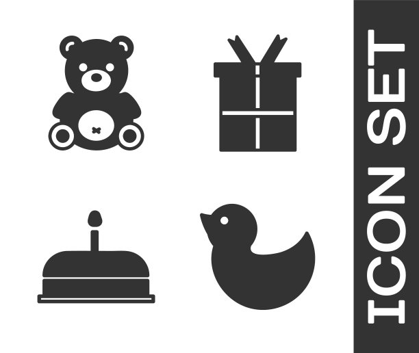 设置橡皮鸭，泰迪熊毛绒玩具，蛋糕与燃烧的蜡烛和礼盒图标。向量图片下载