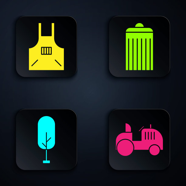 设置拖拉机，厨房围裙，树和垃圾桶。黑色方形按钮。向量图片下载