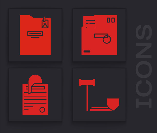 法官槌与盾牌、个人文件夹、信封和文件纸夹图标图片下载