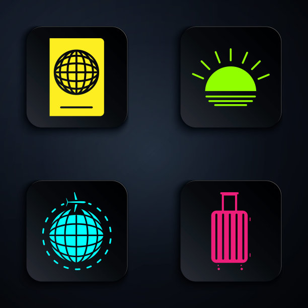 设置手提箱旅行，护照与生物识别数据，环球与飞行飞机和日落。黑色方形按钮。向量图片下载