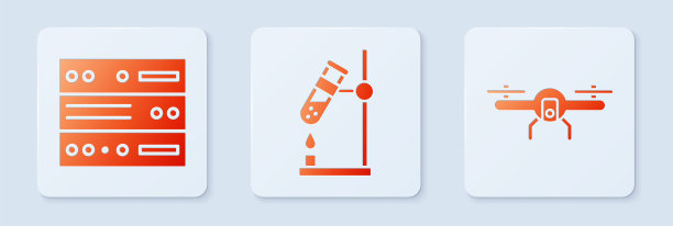 设置试管烧瓶着火，服务器，数据，网络主机和无人机飞行。白色方形按钮。向量图片下载