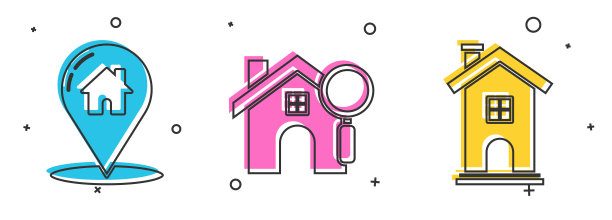 设置地图指针与房子，搜索房子和家庭符号图标。向量图片下载