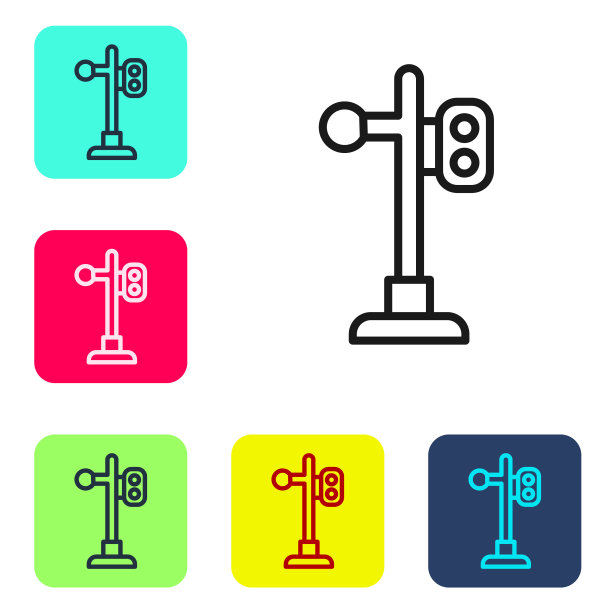 黑线火车红绿灯图标孤立在白色背景。交通灯为铁路调节火车的运行。设置图标为彩色方框按钮。向量图片下载