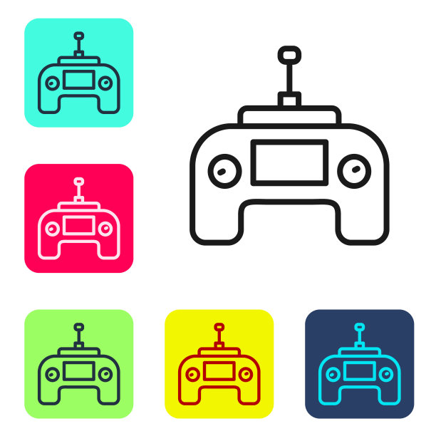 黑线无人机无线电遥控发射机图标隔离在白色背景上。设置图标为彩色方框按钮。向量图片下载