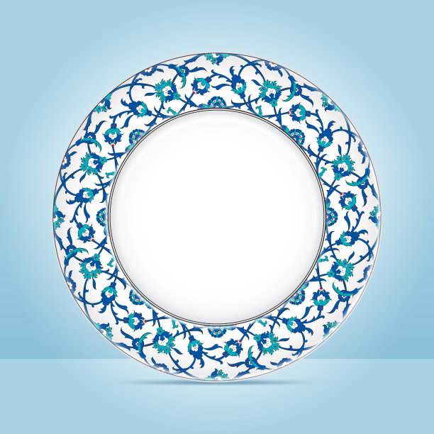 花装饰板与图案的边界。在蓝色背景上从顶部看这个瓷盘。奥斯曼文化设计矢量插图。图片下载