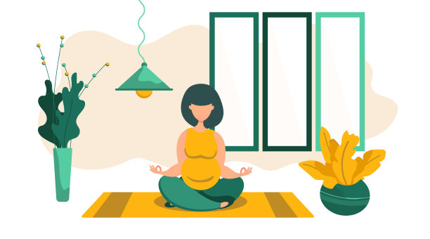 年轻的怀孕女孩在一个舒适的家的房间里以莲花的姿势冥想。花盆里美丽的生态植物，室内装饰绘画。运动女性在垫子上锻炼。矢量插图，平面风格图片下载