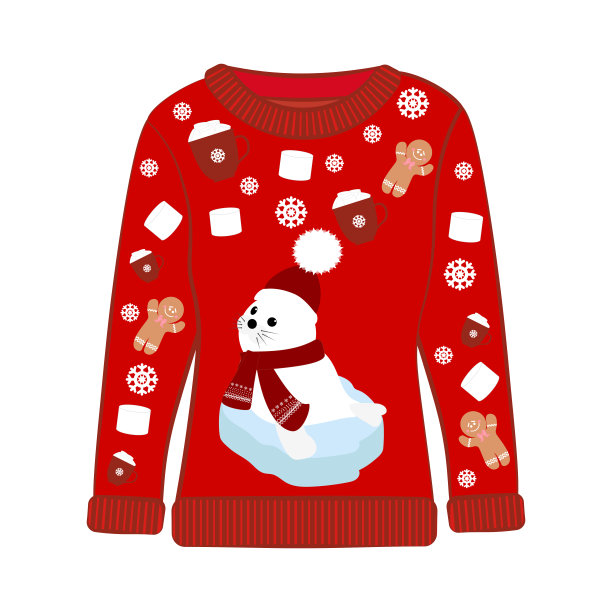 圣诞晚会丑陋的毛衣与印章矢量插图图片下载