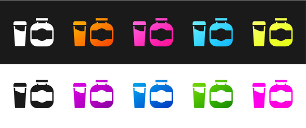 设置运动营养健美蛋白饮料和食品图标孤立的黑白背景。向量图片下载