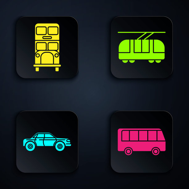 集公共汽车、双层公共汽车、小轿车、有轨电车、铁路为一体。黑色方形按钮。向量图片下载