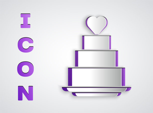 剪纸婚礼蛋糕与心形图标孤立的灰色背景。纸艺术风格。向量图片下载