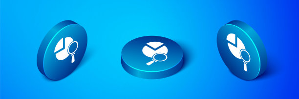 等距放大镜和数据分析图标隔离在蓝色背景上。蓝色圆圈按钮。向量图片下载