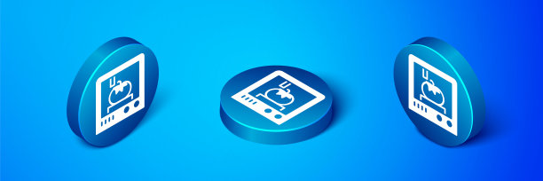 等距3D打印技术图标孤立在蓝色背景。蓝色圆按钮。向量图片下载