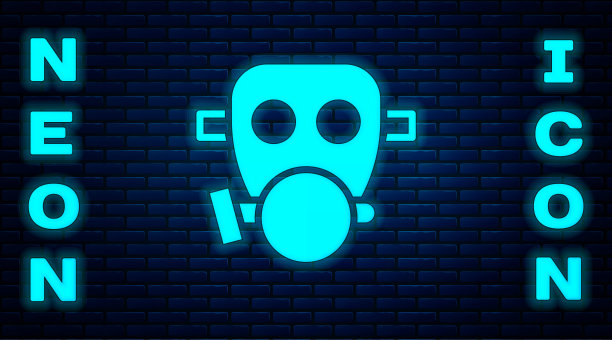 发光的霓虹灯防毒面具图标隔离在砖墙背景。呼吸器的迹象。向量图片下载