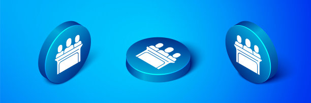 等距陪审员图标孤立在蓝色背景。蓝色圆按钮。向量图片下载