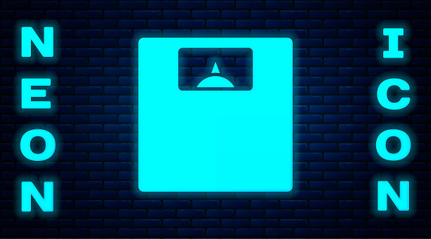 霓虹灯浴室秤图标孤立在砖墙背景上。体重测量设备。体重秤健身运动概念。向量图片下载