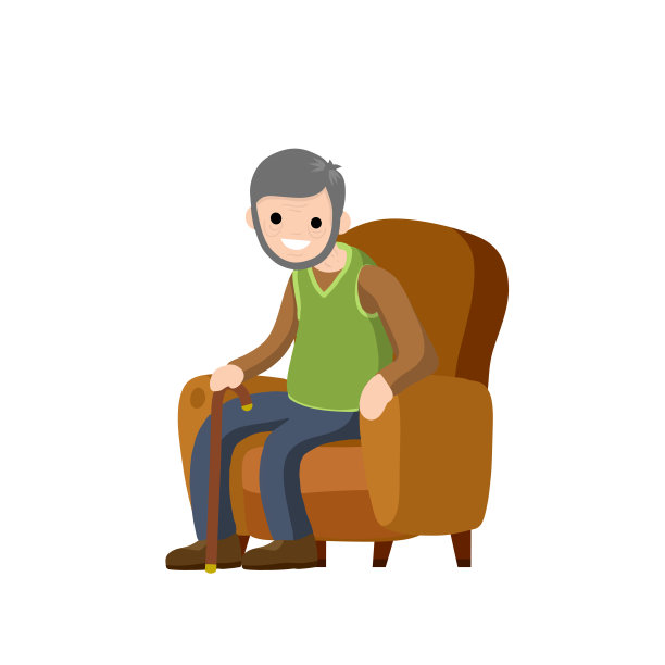 老人坐在柔软的扶手椅上。用手杖休息和老年人。棕色家具和房间元素。卡通平面插图。可爱的爷爷图片下载