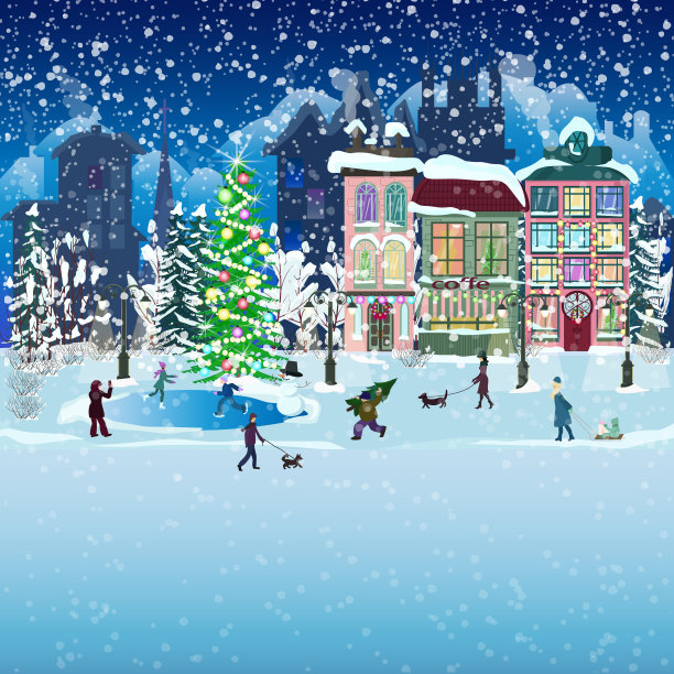 冬天的城市在圣诞装饰。这座节日城市有降雪、童话般的房子和圣诞树。人们散步、滑冰、放松。矢量插图的卡通风格与复制空间图片下载