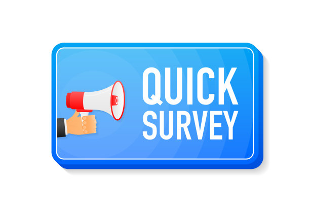 快速调查扩音器蓝色旗帜在3D风格的白色背景。手loudspeacker。矢量插图。图片下载