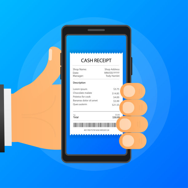 手持手机与现金收据在屏幕上的蓝色背景。矢量插图。图片下载