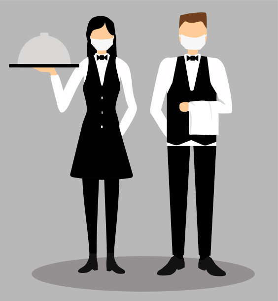 戴口罩的服务员提供食物。灰色背景中的男服务员和女服务员。冠状病毒大流行期间的食品配送。新型冠状病毒肺炎平的。插图图片下载