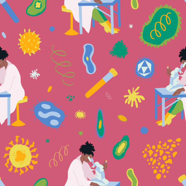 彩色载体无缝模式与女科学家在显微镜下工作，不同种类的病毒和细菌在粉红色的背景图片下载