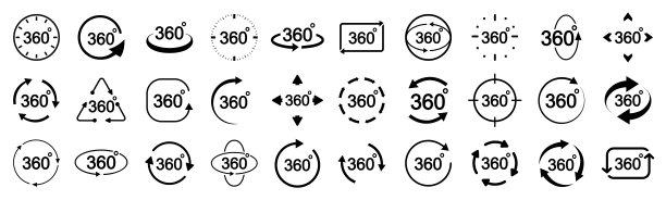 设置360度视图标志，图标用箭头指示旋转或全景360度-股票矢量图片下载