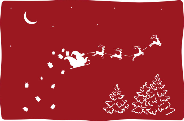 用激光切割的圣诞老人在天空中的模板。圣诞老人与带着礼物的驯鹿飞翔的轮廓。图片下载