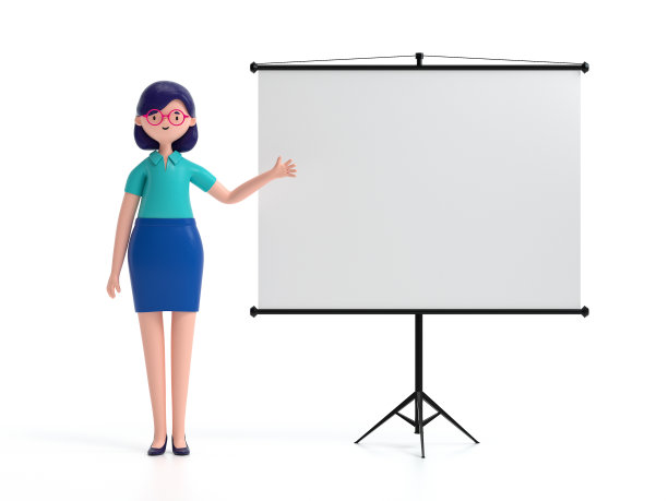 卡通人物站在投影仪屏幕附近图片下载