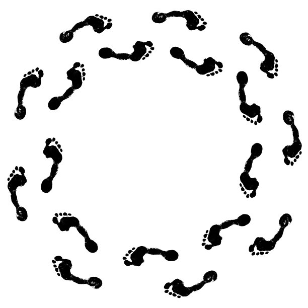 人的黑脚印绕圈走的路白背景孤立，光脚人的脚印绕圈走的图案，步行小路，脚印剪影标记，光脚，绕路线步道图片下载