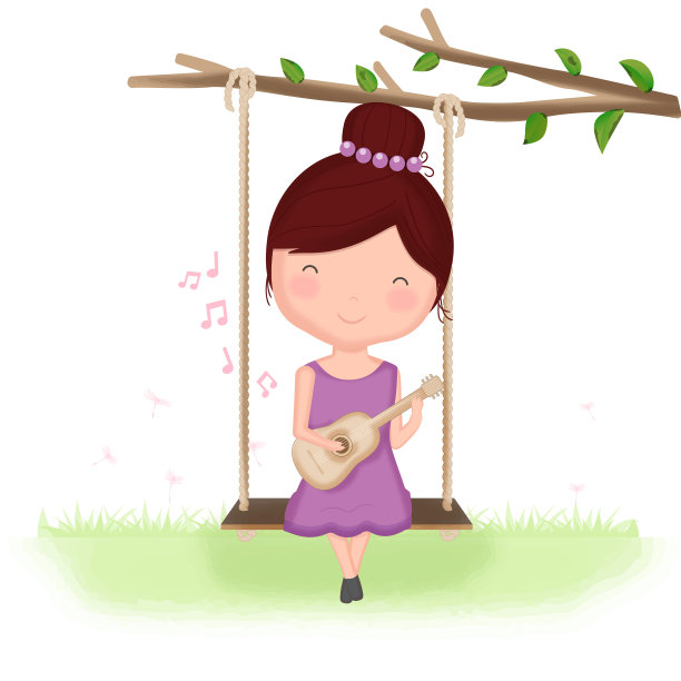 可爱的女孩弹吉他在摇摆手画图片下载